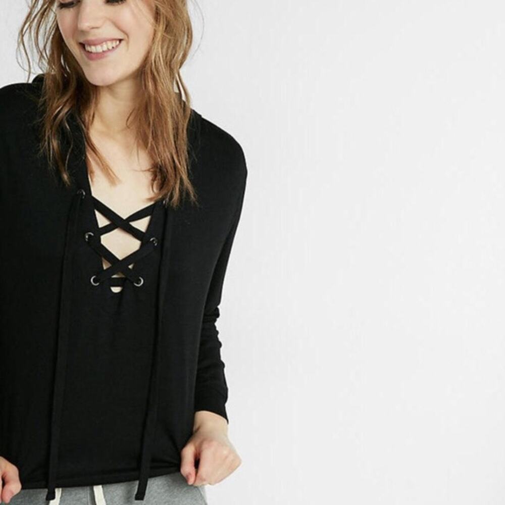 Express Black Cropped Lace Up Hoodie Sweatshirt Corset Style Extra Small